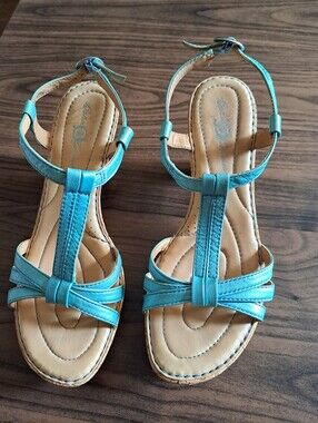 Born Crown Teal Blue T‑Strap Sandals with Cork Heels